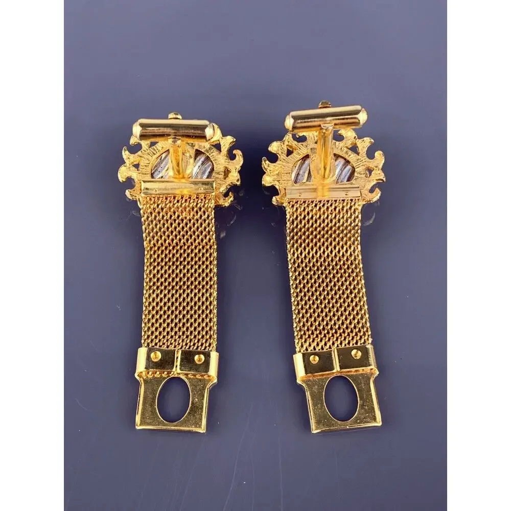 Dichroic Glass Cufflinks Wrap Around Gold Plated Blue to Orange Scrolls Vintage